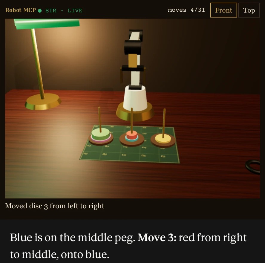 Claude conversation showing Robot MCP's live bench feed, move counter and caption